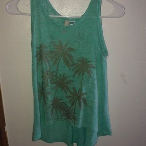 cute teal palm tree shirt with cut out on the back